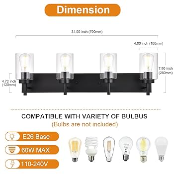 VINLUZ 4 Lights Bathroom Vanity Light Fixture Black Sconces